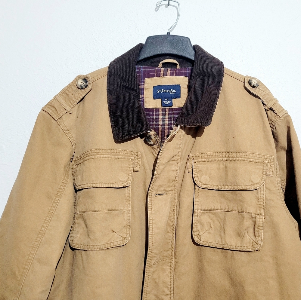 St John’s Bay Barn Coat Chore Jacket 2XLT Tan Brown Corduroy Collar Plaid Lined - Picture 2 of 14